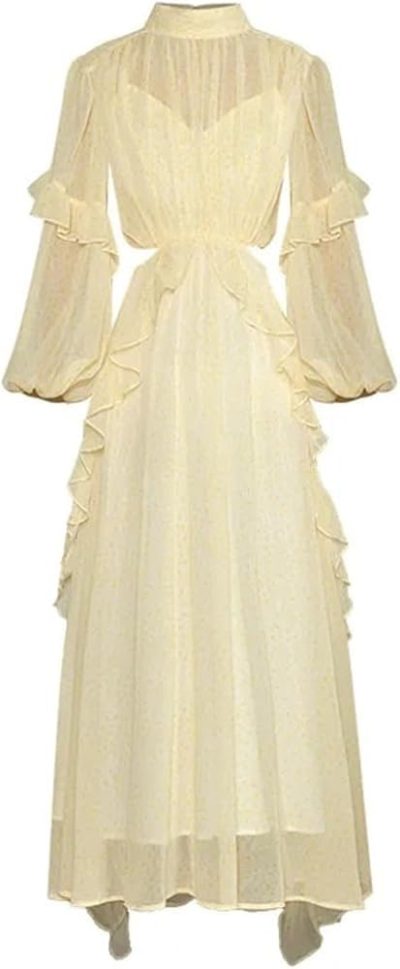 Women's Stand Collar Lantern Sleeve Elegant Casual Dress Backless Hollow Out Slim Fit Festival Dresses