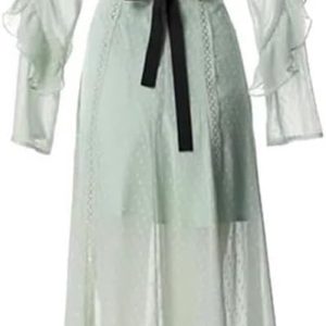 Women's Bohemian Stand Collar Hollow Chiffon Maxi Dress Lace Ruffle Patchwork Casual Vacation Dresses