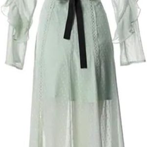 Women's Bohemian Chiffon Long Dress Stand Collar Belt Hollow Lace Ruffle Patchwork Maxi Dresses