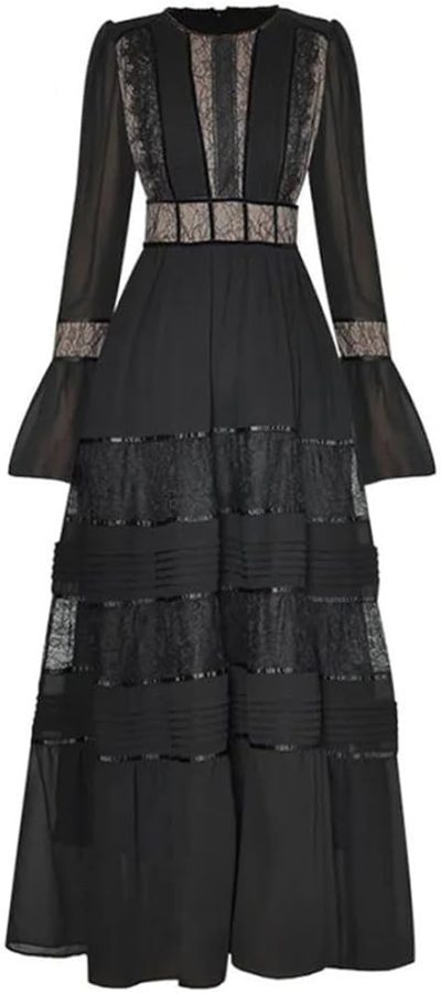 Women's Vintage Patchwork Lace Maxi Dress Bell Sleeve Pleated High Waist Slim A-Line Party Dresses