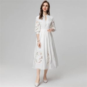 Women Stand-Up Collar Lantern Three Sleeved Lace-Up Mesh Hollow Out Fringed Bohemian Dress