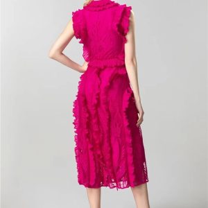 Women's Summer Sleeveless Midi Prom Dress Lace Ruffles Patchwork Party A-Line Party Evening Dresses