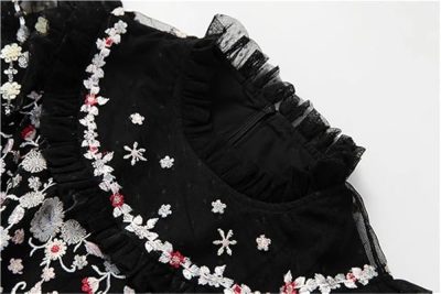 Women's Bohemian Floral Embroidery Maxi Dress Sequins Net Yarn Cascading Ruffle Wedding Guest Dresses