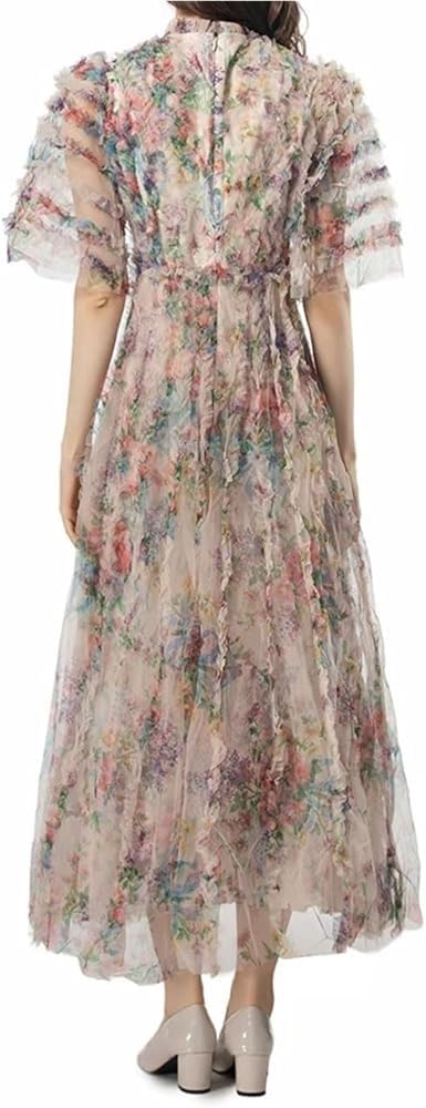 Women's Bohemian Floral Print Summer Beach Wedding Guest Party Dress Cascading Ruffle Net Yarn Maxi Dresses