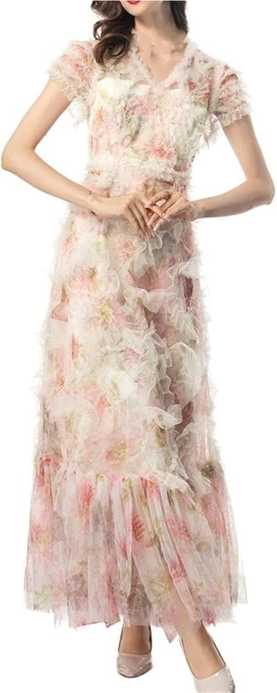 Women's Bohemian Floral Beach Dress Ruffle Net Yarn Flutter Sleeve Cascading Maxi Vacation Dresses