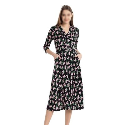 French Style Women's Floral Three-Quarter Sleeve Dress Vneck Silk Long Dress for Casual Outings, Beach Vacations