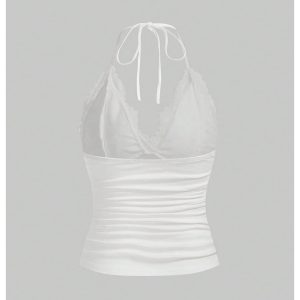 Women's Halter Contrast Lace Ruched Backless Tie Back Party Cami Top
