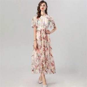 Women Summer Flare Sleeved Slim Waist Edible Tree Fungus Edge Elegant Print Bohemian Holiday Dress