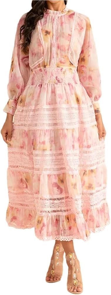 Women Vintage Printing High Waist Dress Party Vacation Beach Sundress Flowy Midi Bohemian Casual Dresses