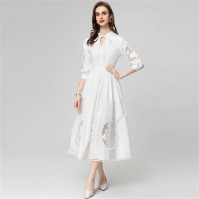 Women Stand-Up Collar Lantern Three Sleeved Lace-Up Mesh Hollow Out Fringed Bohemian Dress
