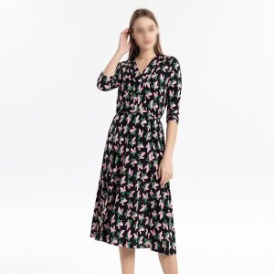 French Style Women's Floral Three-Quarter Sleeve Dress Vneck Silk Long Dress for Casual Outings, Beach Vacations