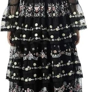Women's Bohemian Floral Embroidery Maxi Dress Sequins Net Yarn Cascading Ruffle Wedding Guest Dresses