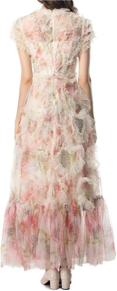 Women's Bohemian Floral Beach Dress Ruffle Net Yarn Flutter Sleeve Cascading Maxi Vacation Dresses
