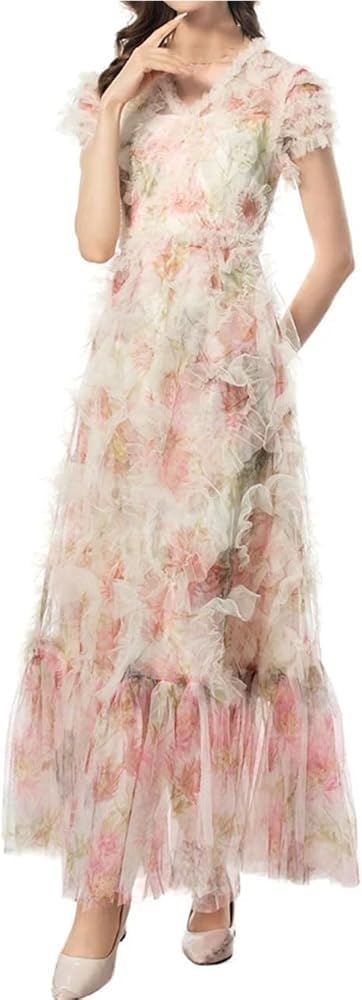 Women's Bohemian Floral Beach Dress Ruffle Net Yarn Flutter Sleeve Cascading Maxi Vacation Dresses
