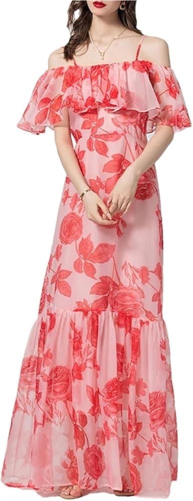 Women's Boho Floral Summer Suspender Dresses High Waist Beach Holiday Maxi Party Dress