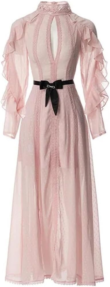Women's Bohemian Stand Collar Hollow Chiffon Maxi Dress Lace Ruffle Patchwork Casual Vacation Dresses