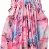 Women's Bohemian Floral Print Chiffon Dress Ruffles Flare Sleeve Eleagnt Party Prom Dresses