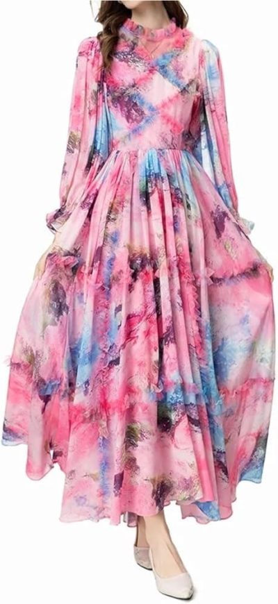 Women's Bohemian Floral Print Chiffon Dress Ruffles Flare Sleeve Eleagnt Party Prom Dresses