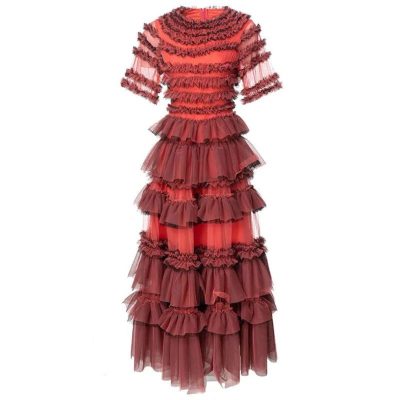 Women Runway Designer Short Sleeve Wood Fungus Ruffled Edge Layered Elegant Cake Bohemian Dress
