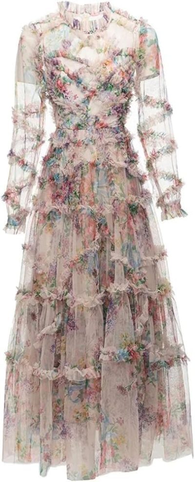 Women's Floral Print Holiday Party Dresses Petal Sleeve Crinkle Irregular Lace Sexy Maxi Dress