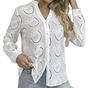 Women's Dressy Causal Tops Long Sleeve V Neck Eyelet Cute Button Down Shirts for Women