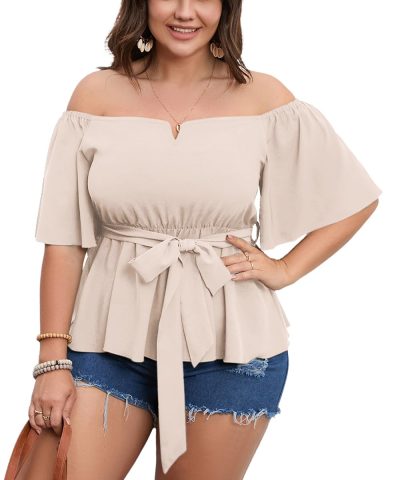 Women's Plus Size Off The Shoulder Peplum Blouse Top Half Bell Sleeve Tie Waist Ruffle Hem Babydoll Tops