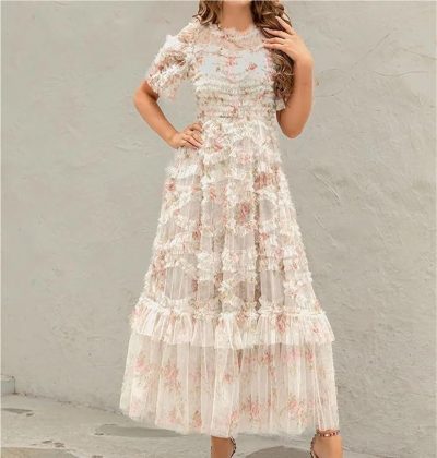 Women's Floral Printed Mesh Dress Round Neck High Waist Layer Tiered Maxi Beach Party Dresses