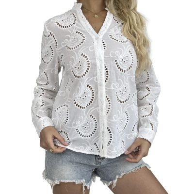 Women's Dressy Causal Tops Long Sleeve V Neck Eyelet Cute Button Down Shirts for Women