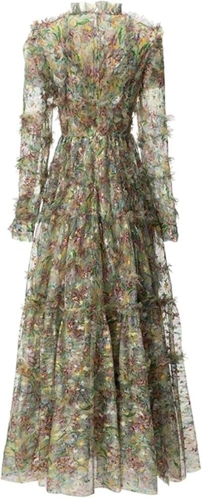Women's Floral Patchwork Dress Round Neck Sheer Long Sleeve Mesh Layered Boho Chic Maxi Dress