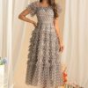 Summer Casual Party Vacation Dresses Women Bohemian Short Sleeved Maxi Dress Elegant Square Neck Holiday Flowing Long Skirt