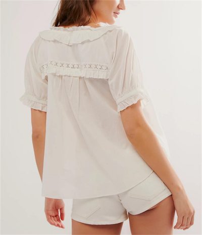 Women Lace Trim Cardigan Shirt Short Sleeve Button Down Ruffle Hem Blouse Summer Boho Tops Y2K Going Out Tops