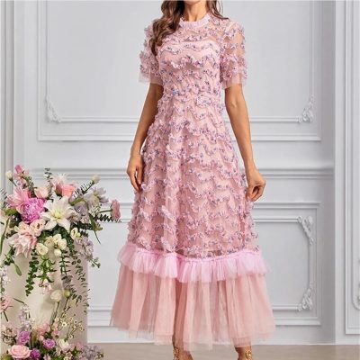 Bohemian Short Sleeve Round Neck Women’s Long Skirt Floral Print Ruffle Net Yarn Dress Casual Summer Elegant Party Dresses