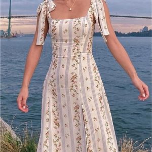 Boho Midi Dress Women Summer Floral Vintage Sleeveless Sundress Lace Up Strapy Slip Dress Beach Party Casual Vestidos