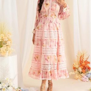 Women Vintage Printing High Waist Dress Party Vacation Beach Sundress Flowy Midi Bohemian Casual Dresses