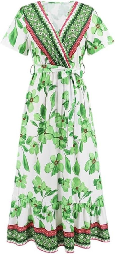 Bohemian Print Long Dress Women Summer Sexy Deep V Neck Beach Dress Casual Vacation Maxi Dress(Green,Large)
