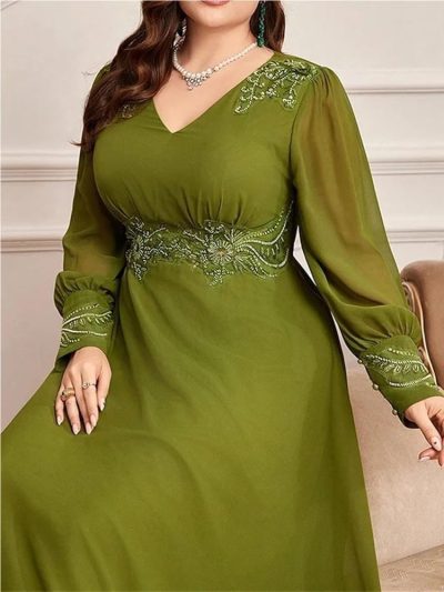 Women's Plus Size Embroidery Patchwork High Waist Maxi Dress V-Neck Lantern Sleeve Loose Fit Party Dresses