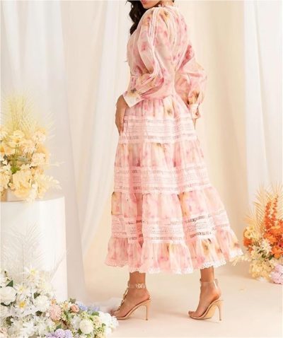Women Vintage Printing High Waist Dress Party Vacation Beach Sundress Flowy Midi Bohemian Casual Dresses