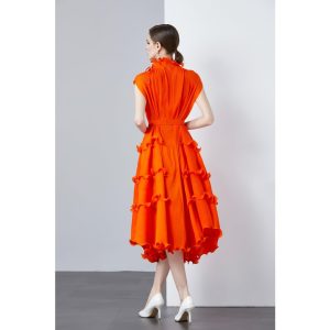 Women's Orange Flowy Pleated Dress Ruffled Hem Chiffon Maxi Summer Boho Dresses