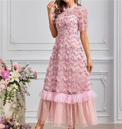 Bohemian Short Sleeve Round Neck Women’s Long Skirt Floral Print Ruffle Net Yarn Dress Casual Summer Elegant Party Dresses