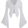 61cjbXdPVLL.jpg Women's Lace Tops Tie Front Bell Long Sleeve Sheer Blouse Crop Tops