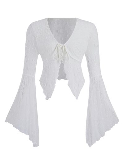61cjbXdPVLL.jpg Women's Lace Tops Tie Front Bell Long Sleeve Sheer Blouse Crop Tops