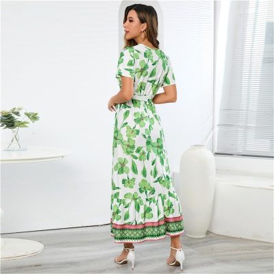 Bohemian Print Long Dress Women Summer Sexy Deep V Neck Beach Dress Casual Vacation Maxi Dress(Green,Large)