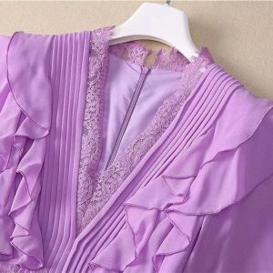 Women's Elegant Luxury Lace Maxi Dress V-Neck Ruffles Patchwork Chiffon Summer Party Evening Dresses