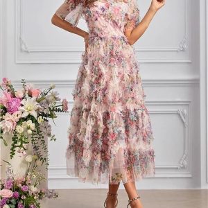 Women's Bohemian Floral Print Net Yarn Cascading Ruffle Dress Summer Beach Party Prom Dresses