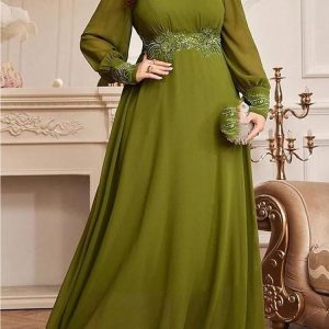 Women's Plus Size Embroidery Patchwork High Waist Maxi Dress V-Neck Lantern Sleeve Loose Fit Party Dresses