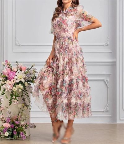 Women's Boho Floral Print Dress Net Yarn Cascading Ruffle Beach Party Summer Vacation Maxi Dresses