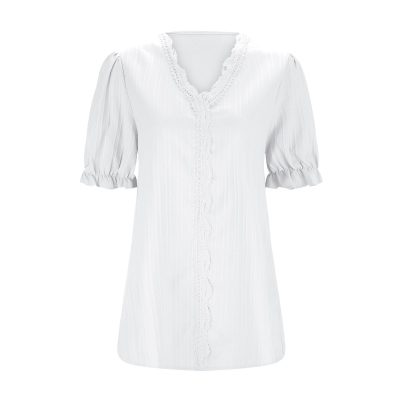 Womens 2025 Lace Shirts Elegant Short Sleeve V Neck Blouses Solid Textured T-Shirt Casual Comfy Outing Tops