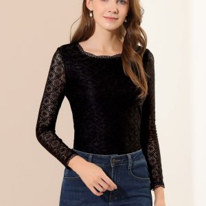 Women's Lace Tops Sheer Dressy Casual Floral Lace Long Sleeve Tops