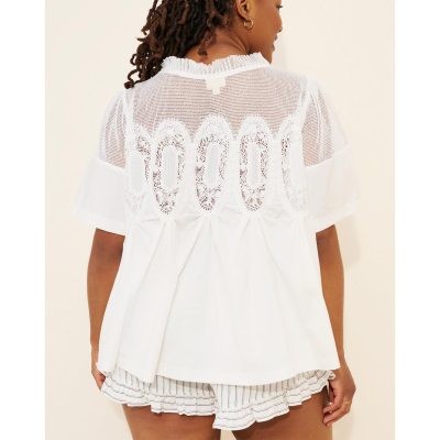 Women's Elegant Babydoll Style Lace Shirt Flared Swing Top with Sheer Mesh Lace Back Tunic Top