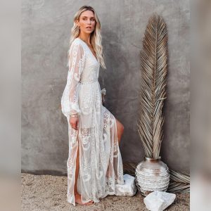 Womens Boho Beach V Neck Floral Embroidered Lace Wedding Maxi Dress Bridesmaid Evening Party Dresses